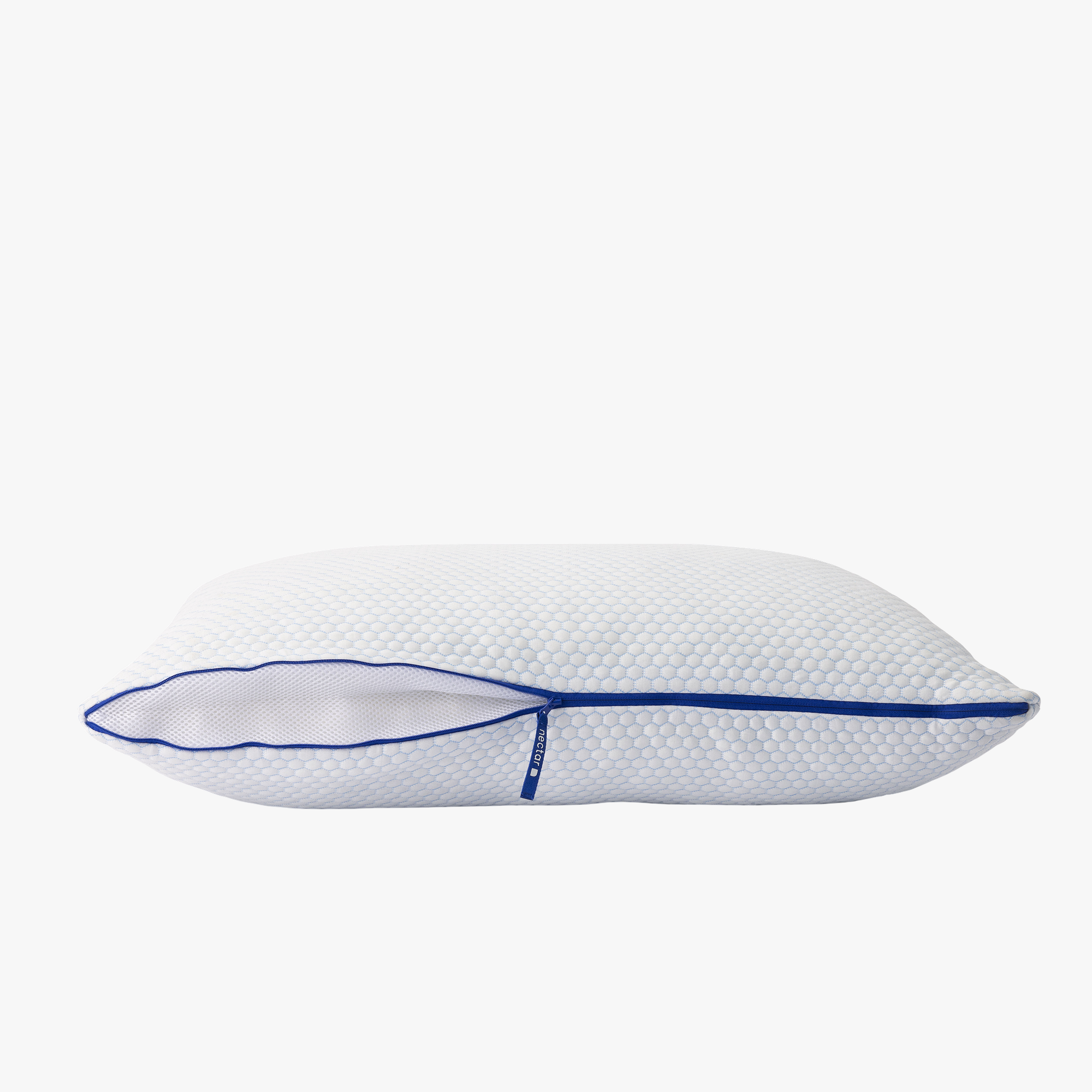 Nectar Tri-Comfort Cooling Pillow in white with a blue zipper.