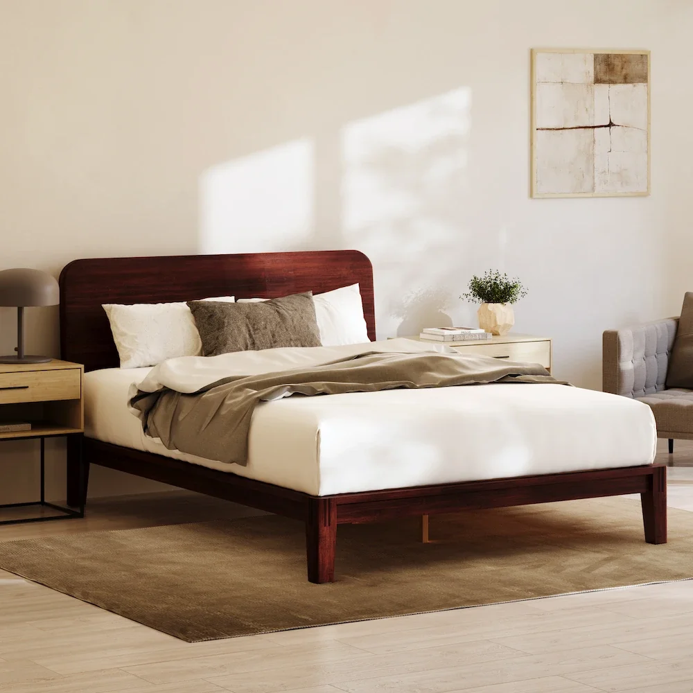 Bamboo Platform Bed Frame Japanese Joinery Technique Wooden Bed Frame Cal King Size Sturdy Wood Foundation Walnut Color Compare to Thuma